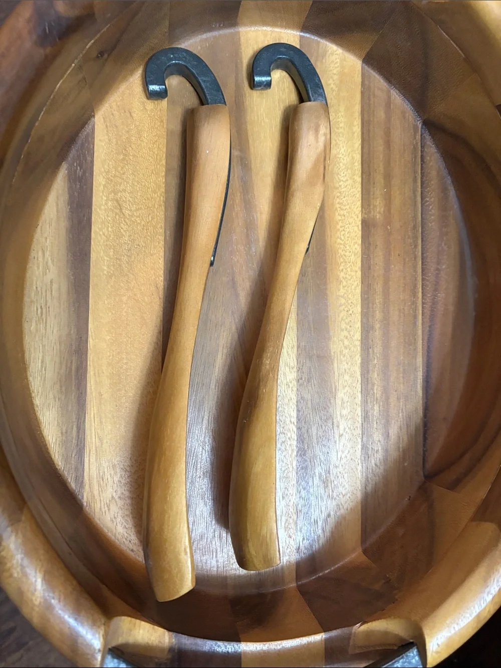 Nambe Acacia Wood Serving Bowl with Servers in Honey Brown and Metal Accents